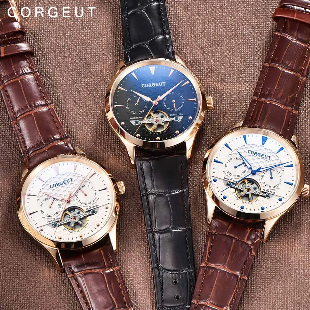 Corgeut 44 мм черный циферблат маленький купольный стеклянный розовый Золотой корпус