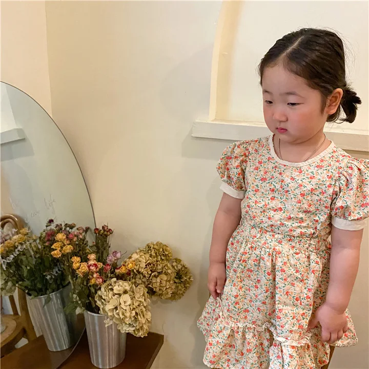 

Summer Girls Floral Short Sleeve Shirt+ Skirt Two-piece Sets Children Cotton Fashion Pastoral Ruffled Princess Dress Suits