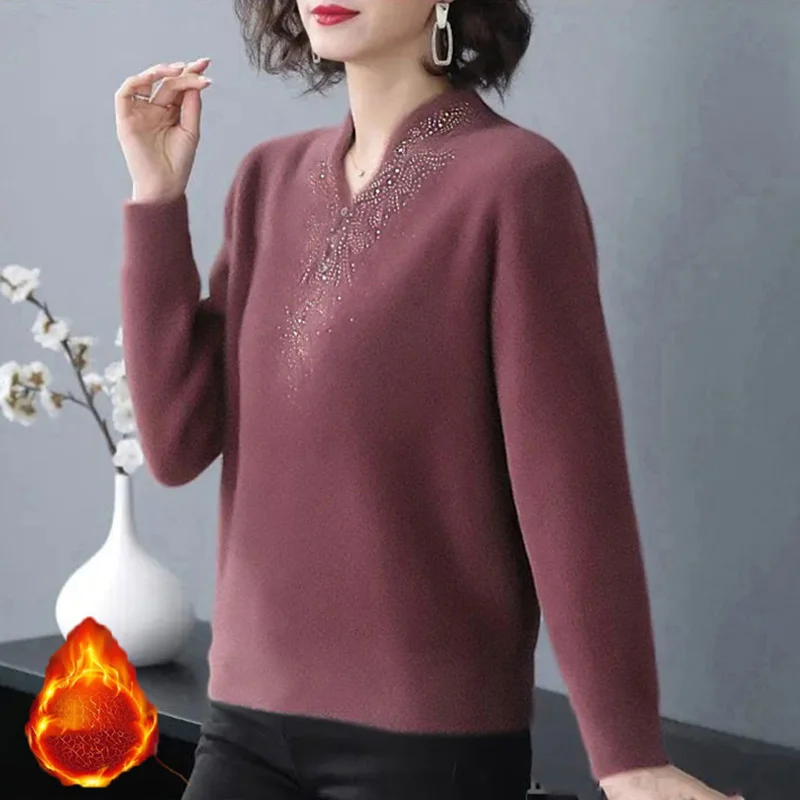 

Korean Style Short tee Women Autumn Winter Warm Fleece Pullover Chic designer Diamonds Long Sleeve T-shirt Mom Big size 5XL Tops
