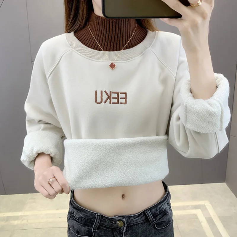 

Women Sweatshirts 2022 New Arrival Winter Thick Loose Letter Fake Two Female Pullover Plus Velvet Keep Warm Korean Style S09