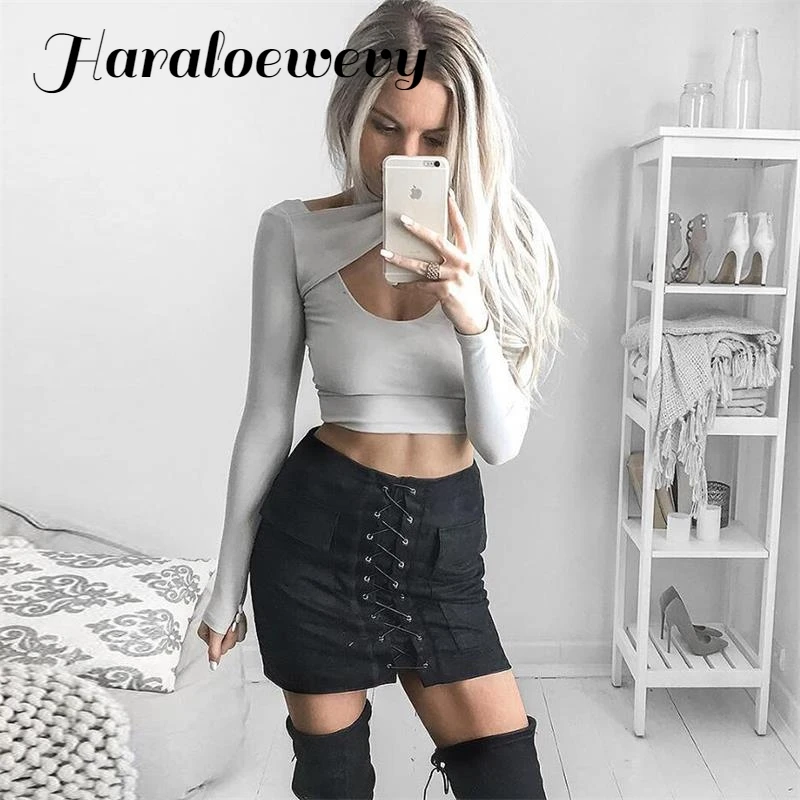 Осенняя одежда Женская замшевая юбка на шнуровке винтажная короткая с карманами