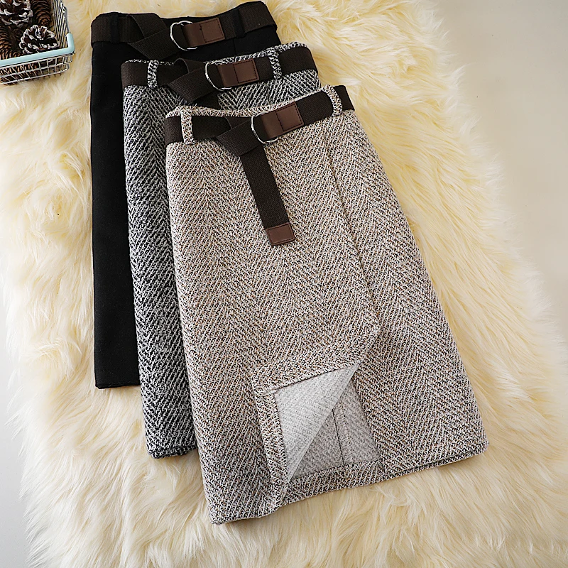 Autumn And Winter High-waisted Herringbone Woolen Skirt Women's Slit Mid-length Thin Tweed Plaid Wrap Hip Skir Юбка Женская Юбка