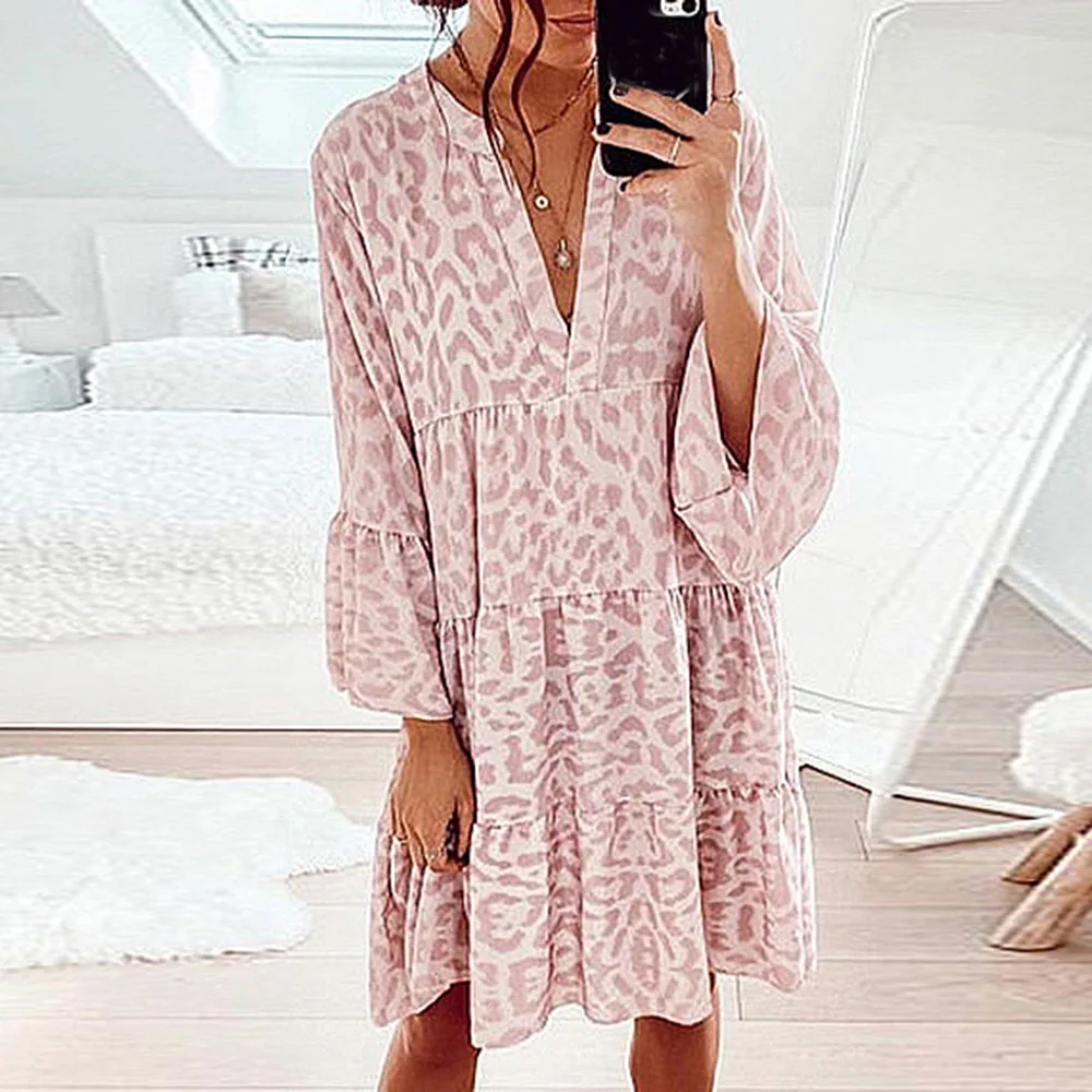 Осень свободные леопардовая расцветка с принтом мини-платье 2021 для женщин на