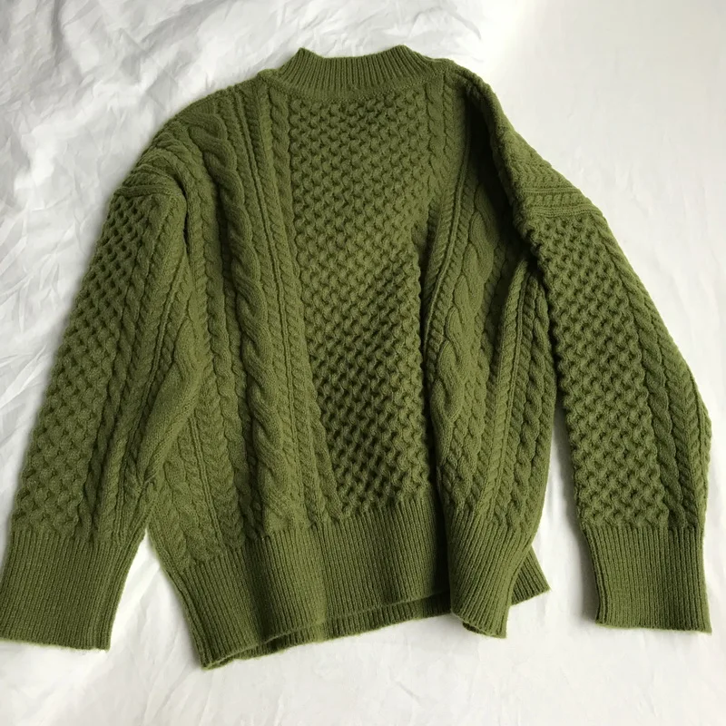 

Winter stylish green V-neck retro twist large thick sweater women knit top oversized