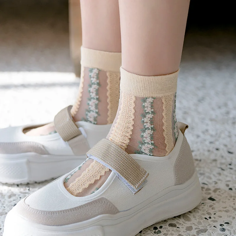 

SP&CITY Lolita Socks Kawaii Flowers Women's Transparent Socks Glass Silk Breathable Happy Funny Nylon Socks Fashion For Woman