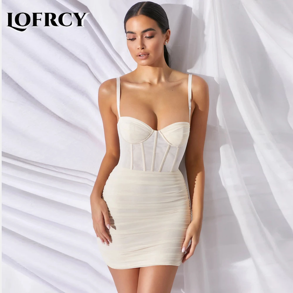 

Женское Сетчатое облегающее платье-корсет Lofrcy на тонких бретелях с рюшами, пикантное вечернее платье-мини на косточках с низким вырезом, на ...