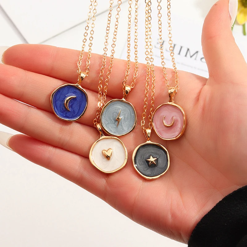 

YWSHK New Fashion Necklace Alloy Drop Oil Love Heart Moon Lightning Necklaces Elegant Cute Round Party Gift Jewelry For Women