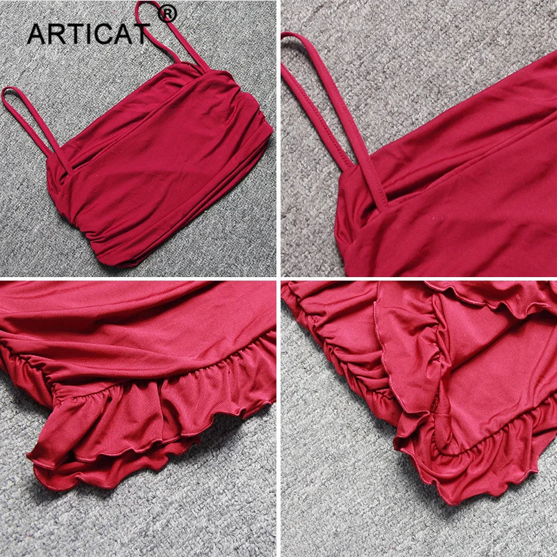 

Articat Women Sexy Bodycon 2 Piece Dress Set Ruffles Spaghetti Strap Crop Top Summer Mini Skirts Suits Fashion Solid Outfits
