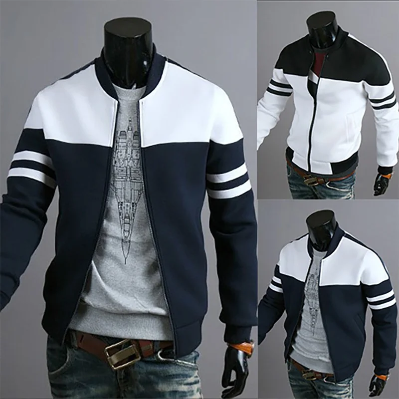 

Winter Autumn Zipper Fashion Casual Man Bomber Jacket Long Sleeve Slim Sportswear Streetwear Male Patchwork Black Striped Coats