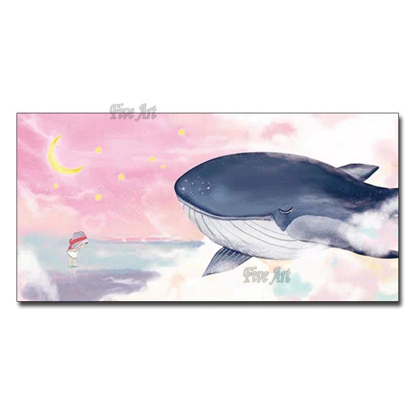 

Картина маслом на холсте с изображением Кита и молодой девушки, современная абстрактная картина для украшения стен, дома, без рамки