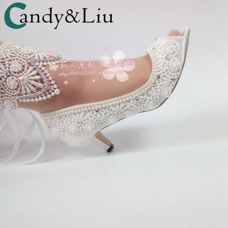 

New fish mouth flower lace wedding shoes pearl diamond super high heel Bridal Photo wristband crystal platform women's pumps