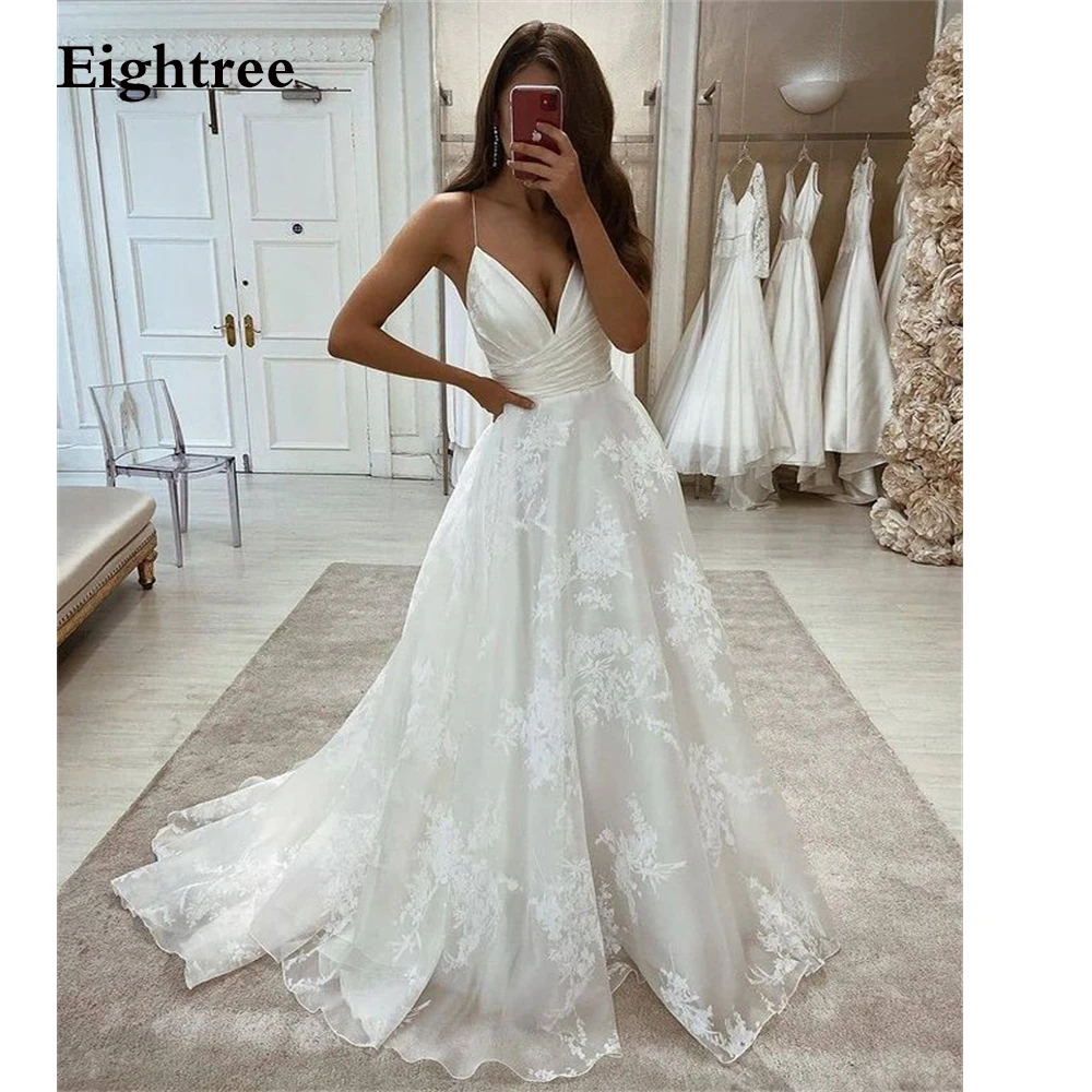 

Eightree сексуальное богемное пляжное свадебное платье Dress2021 спагетти, с цветочками, с ремешком в виде буквы фатиновое платье трапециевидной фо...