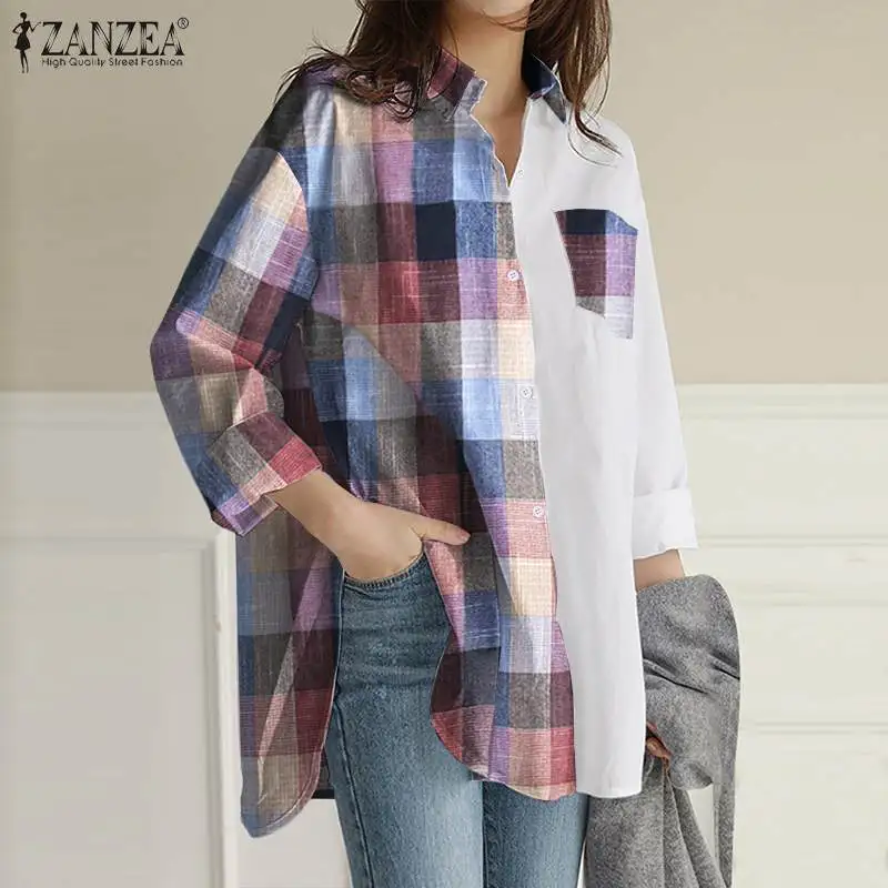 

Блузка ZANZEA Женская Асимметричная с длинным рукавом, Повседневная рубашка с принтом в стиле пэчворк, модная блузка оверсайз, весна-осень