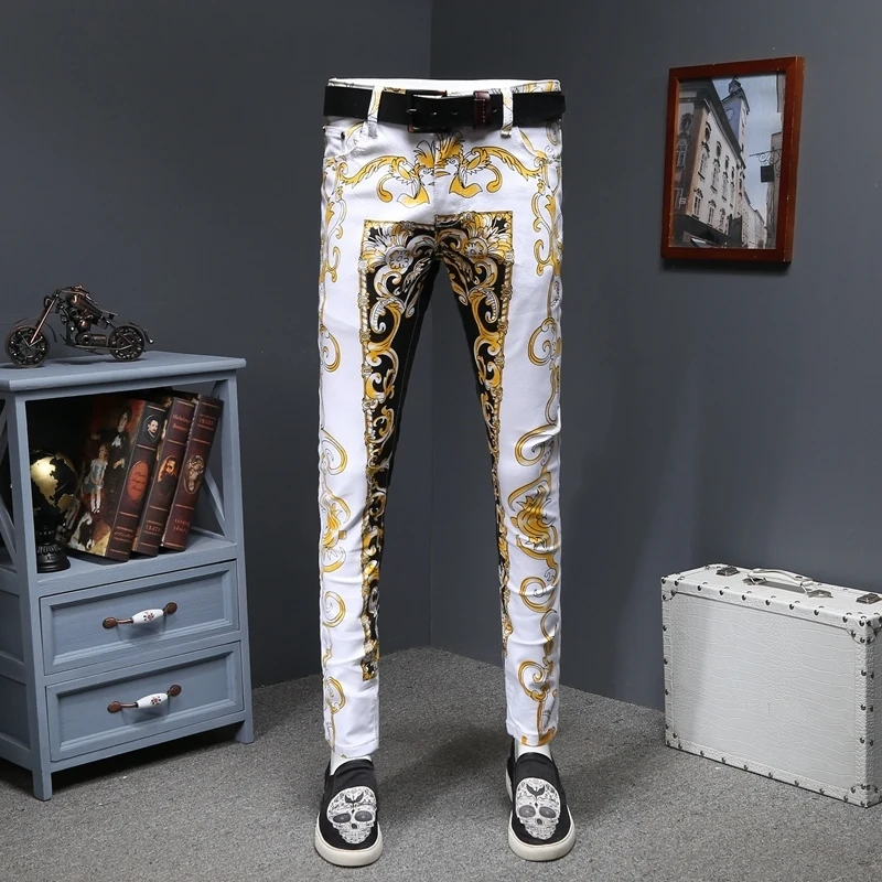 

Luxury Gold Print Jean Homme Slim Designer Denims Jeans Men Erkek Kot Pantolon SkinnyGold Denims Stretch Fancy Party Trousers