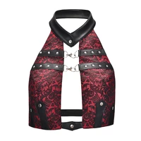 red artificial leather brocade halter neck backless short sexy vintage top black rivet accessories women punk gothic clothing