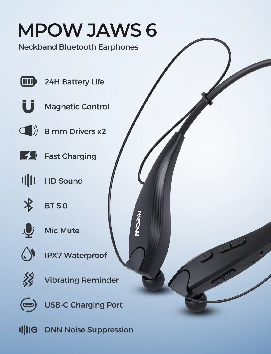 

Mpow Jaws Gen-6 Bluetooth V5.0 Headphones Noise Cancelling Neckband Earphones Waterproof IPX7 & 24H Playing Time for iPhone 12