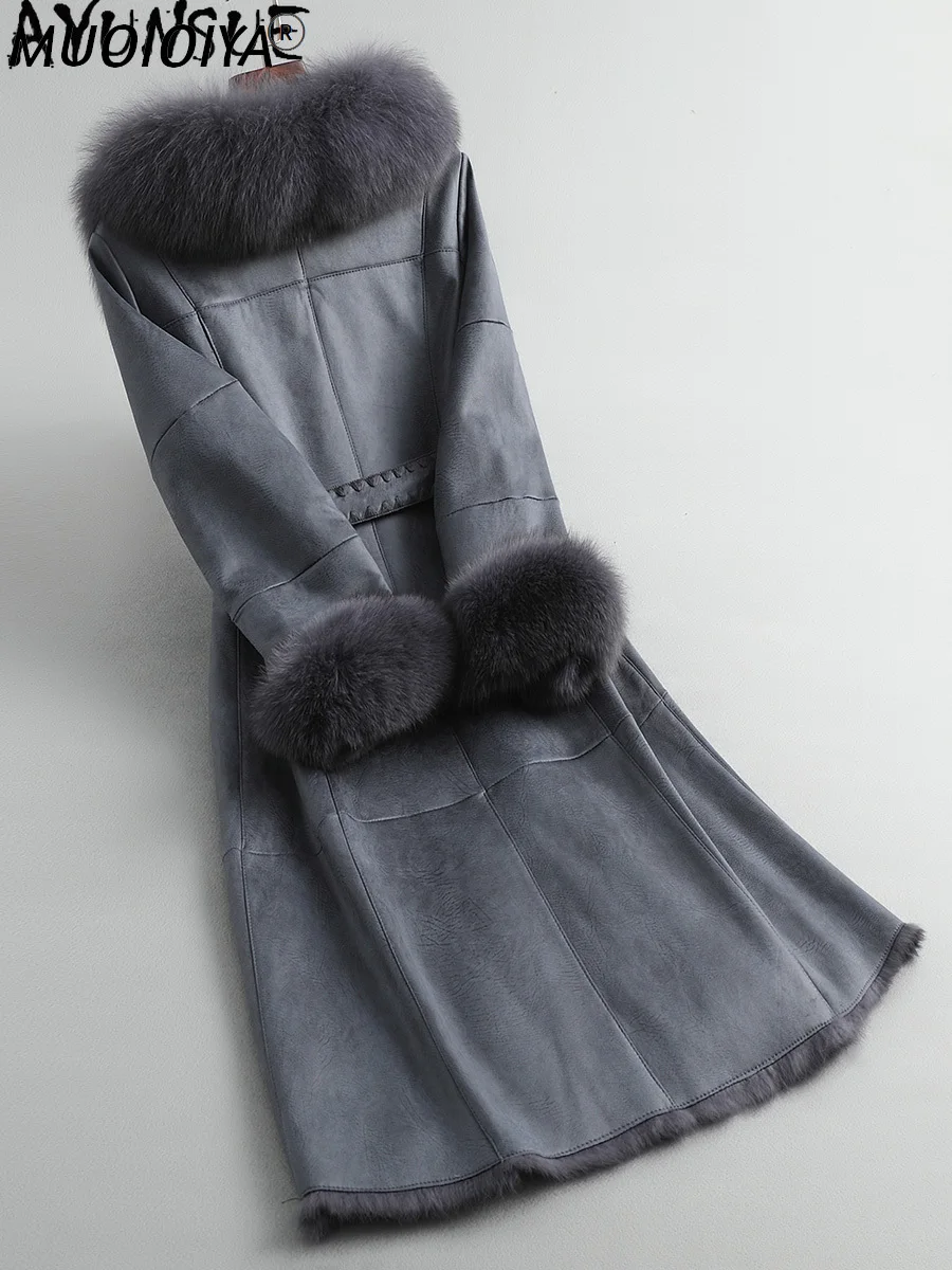 

AYUNAUE 2021 Natural Rabbit Fur Coat Female Winter Clothes Women Long Leather Jacket Woman Real Fox Fur Collar Abrigo Mujer 1254