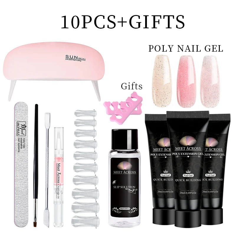 

MEET ACROSS 10 шт./комплект, в наличии в США, набор для наращивания ногтей из полиакриластического геля, лампа для лака, кисть для ногтей, праймер дл...