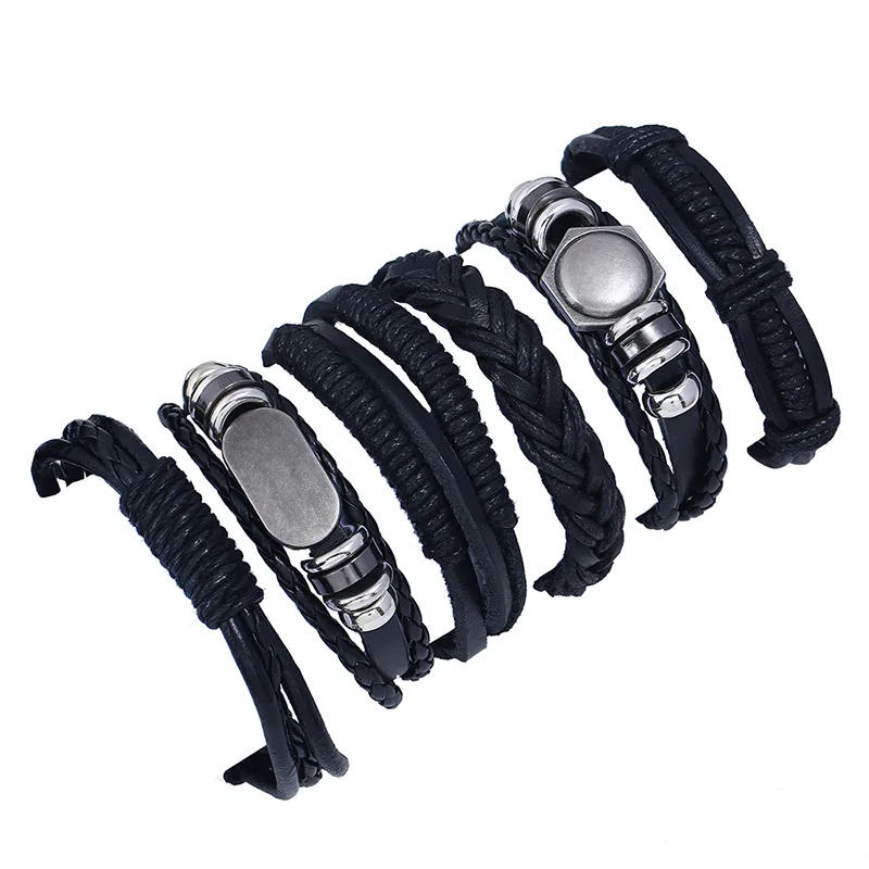 

Jessingshow 6Pcs/Set Vintage Men's Leather Bracelet Handmade Charm Multilayer Braided Men Bracelet Pulseira Masculina Jewelry