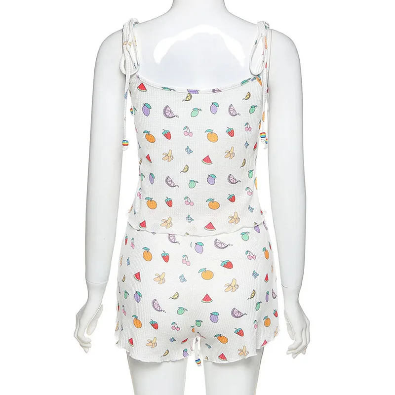

Summer 2 Piece Women's Clothes Vest Crop Top + Shorts Fruit Print Fashion V-neck Street Wear Thin Female Clothes Korean Fashion