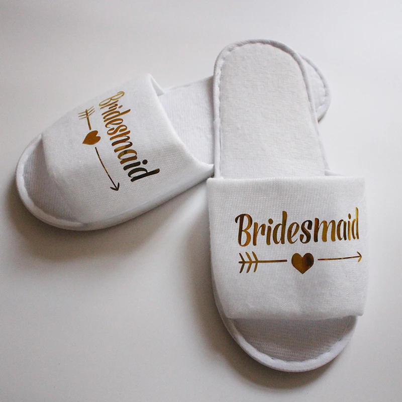 

New 1 Pair Gold Glitter Letter Wedding Party Slippers Heart Maid Of Honor Bridesmaid Indoor Non-Slip Women Slippers High Quality