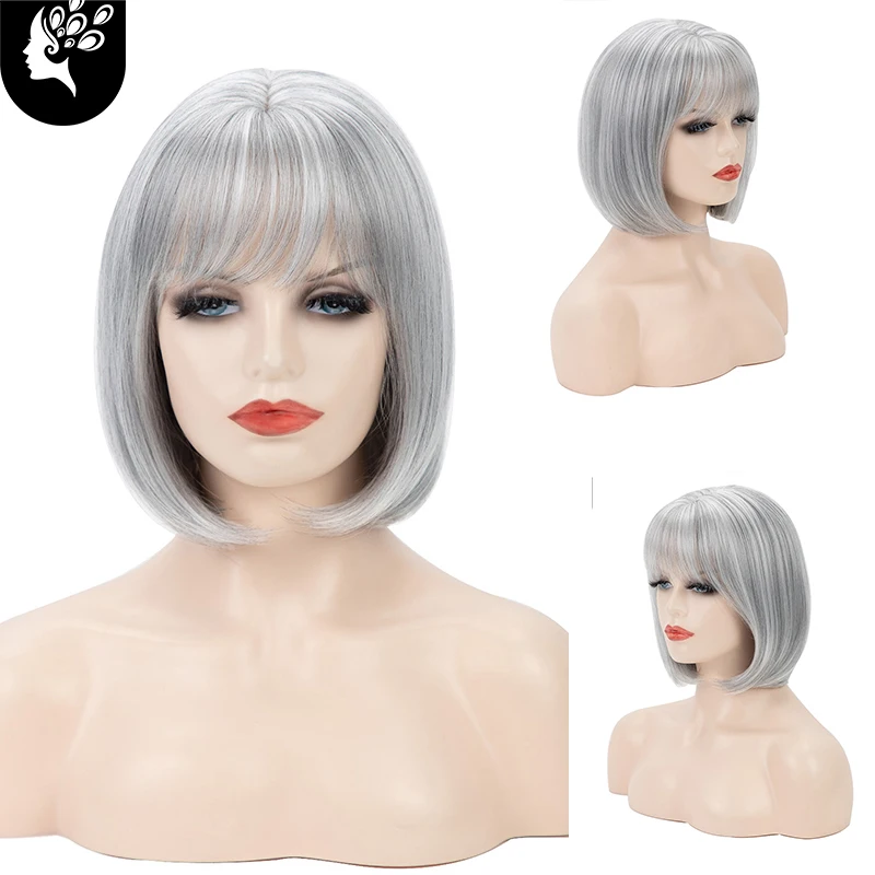 

Короткие прямые парики с челкой для белых женщин, высокотемпературные синтетические волосы для косплея, серебристо-серые парики для вечерн...