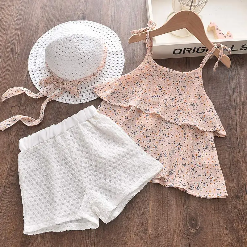 

Girls Clothes Set 2021 New Summer Kids Clothes Floral Chiffon Halter+Embroidered Short 2pcs Girl Suit Children Clothing for 2-6T