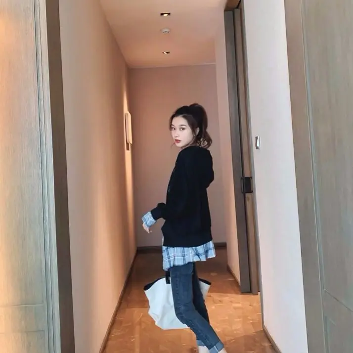 

Women Autumn Winter Plaid Hoodies Female Korean Style Simple Casual Kawaii Ulzzang Oversize Clothing Streetwear Sweatshirt E277