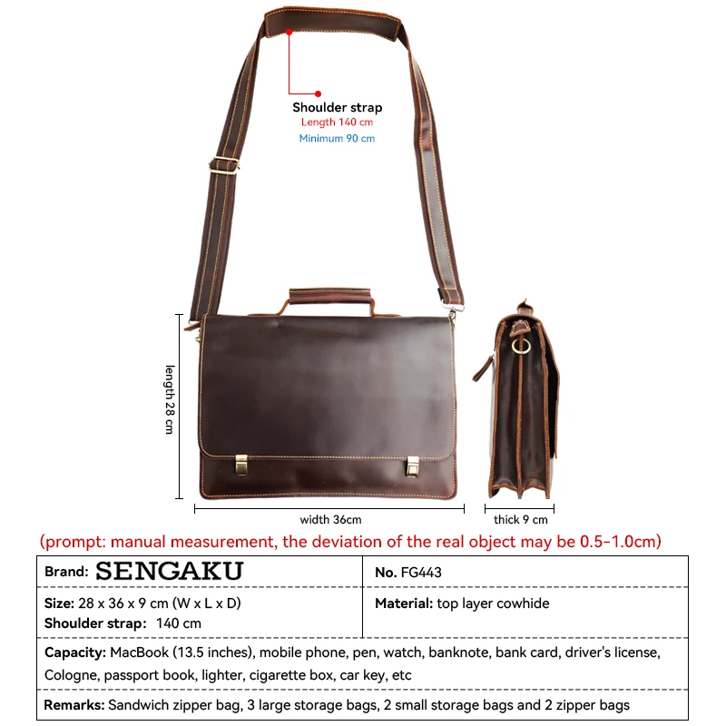 Men Briefcase Genuine Leather Laptop Bag 13.5