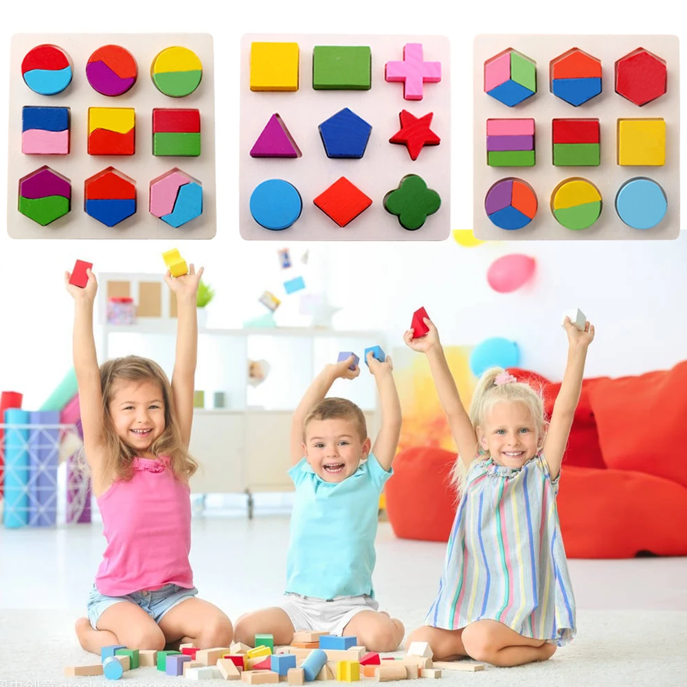 

Wooden Geometric Shapes Montessori Puzzle Sorting Math Hand Grasping Board Educational Preschool Training for Children Toddler