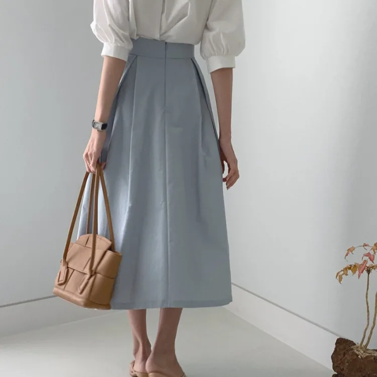 

2021 New Women Two Piece Outfits Summer Retro Wear Thin Loose Puff Sleeve White Shirt +A Skirt Suit Tide
