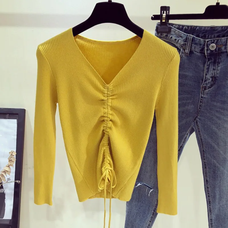 Женские осенние модные повседневные свитера с v-образным вырезом однотонные