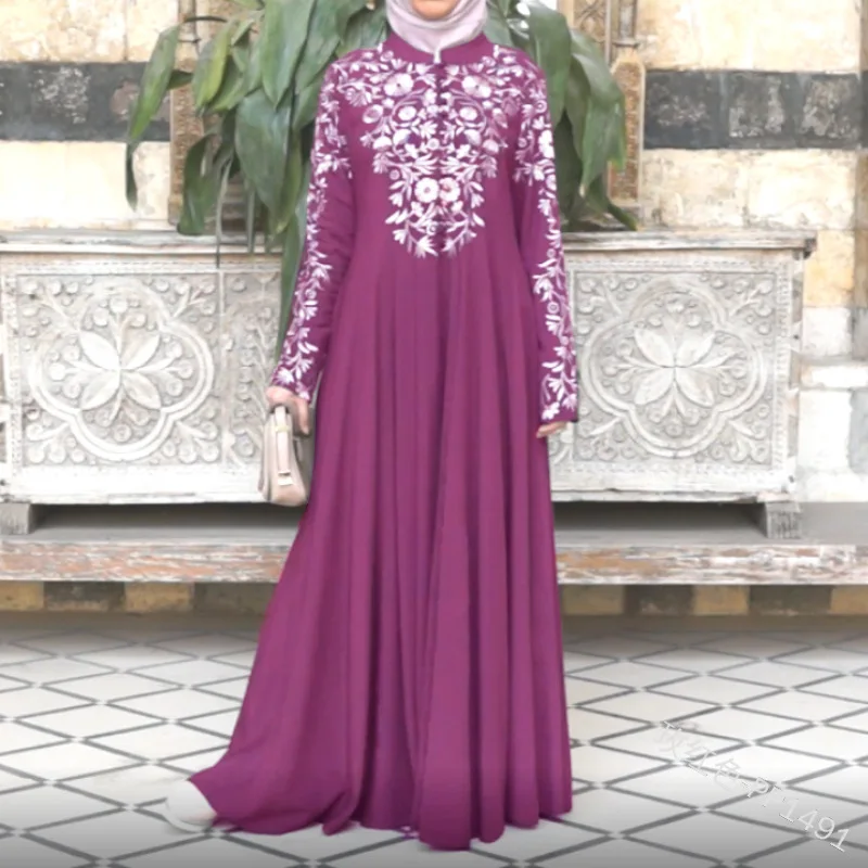 

floral embroidery abaya long sleeve maxi dress plus size kaftan ramadan EID gown moroccan Judaic islamic dubai muslim robe