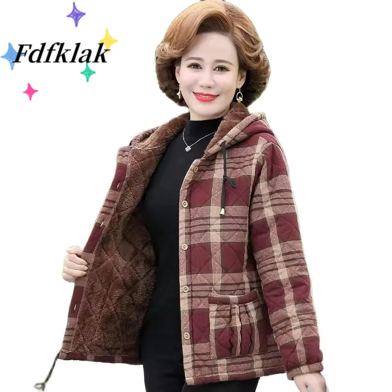 

Fdfklak Winter Casual Women Hooded Jacket Lattice Plus Velvet Coat XL-5XL Plus Size Outwear Tops Short Parkas Veste Femme Hiver