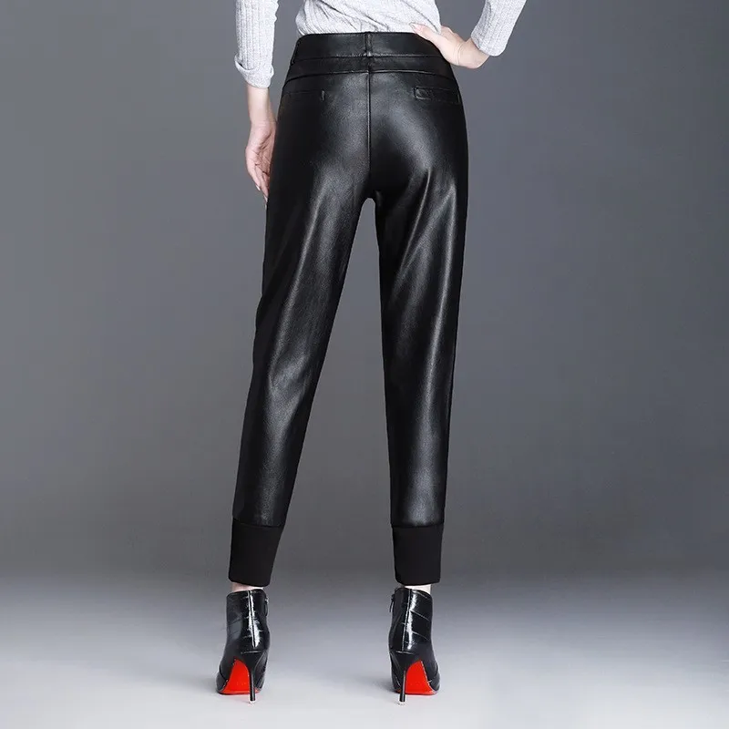 2020 New Leather Harem Pants Women Streetwear Fashion High Waist Black Pencil Autumn Winter Slim Korean Trousers | Женская одежда