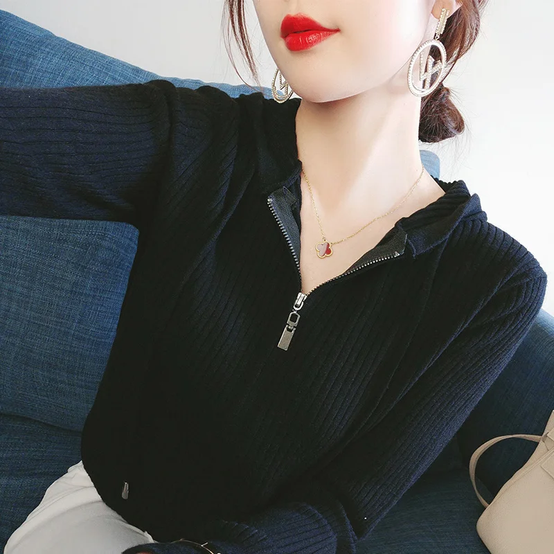 Осенний свободный изящный свитер с капюшоном и длинным рукавом для женщин |