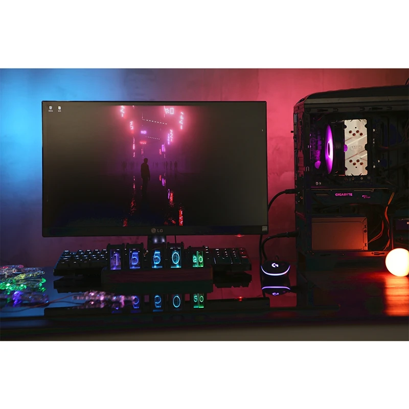 

RGB Imitated Glow Tube Clock Creative Led Electronic Digital Solid Wood Ornaments RGB Fluorescent Tube Clock