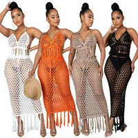 hollow out bandage sexy two piece set spaghetti strap tassel top and long skirt 2021 beach summer 2 piece set women outfits