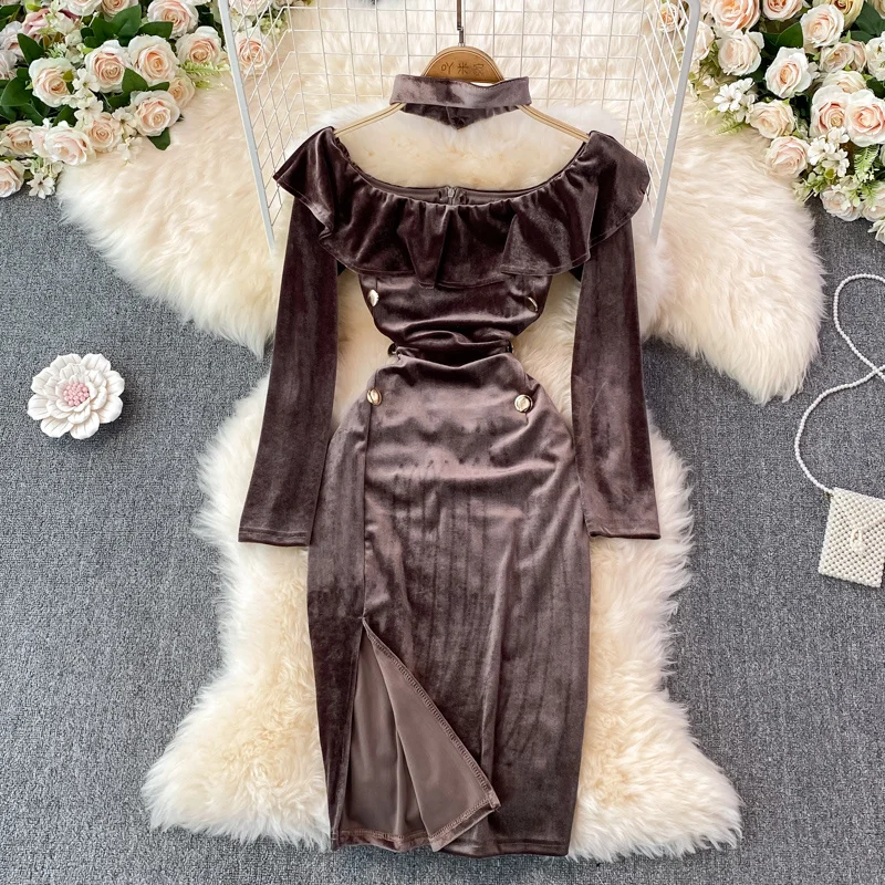 

Sexy Women Ruffles Off Shoulder Slash Neck Mini Bodycon Dress Autumn Winter Long Sleeve High Waist Split Velvet Party Dress Robe