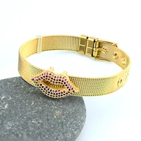 pink cubic zirconia lips charm bracelet stainless steel mesh chain fashion bracelets bangles for women jewelry pulsera