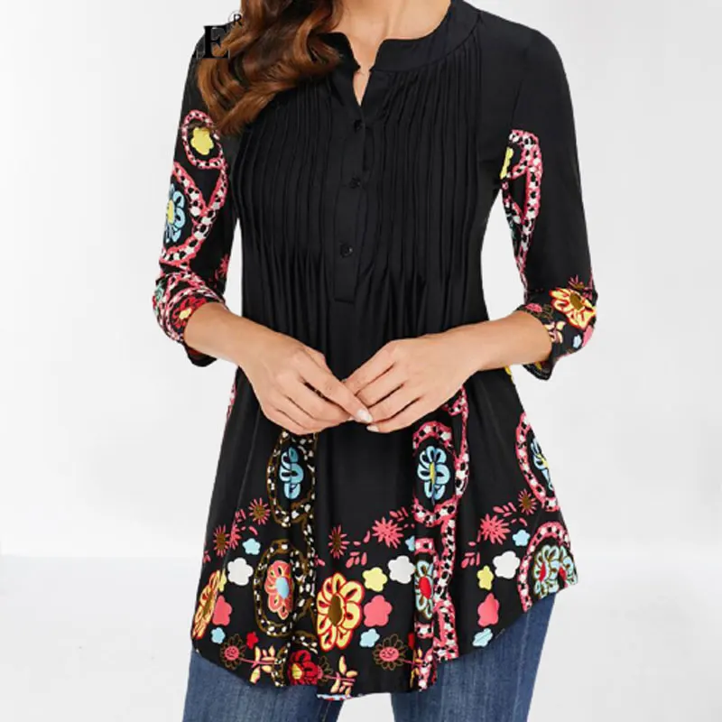

Chinese Facebook Print Women's Blouse Shirt 3/4 Sleeves Pleated 2020 Fashion Women Blouses Spring Autumn Shirts Plus Size 5XL