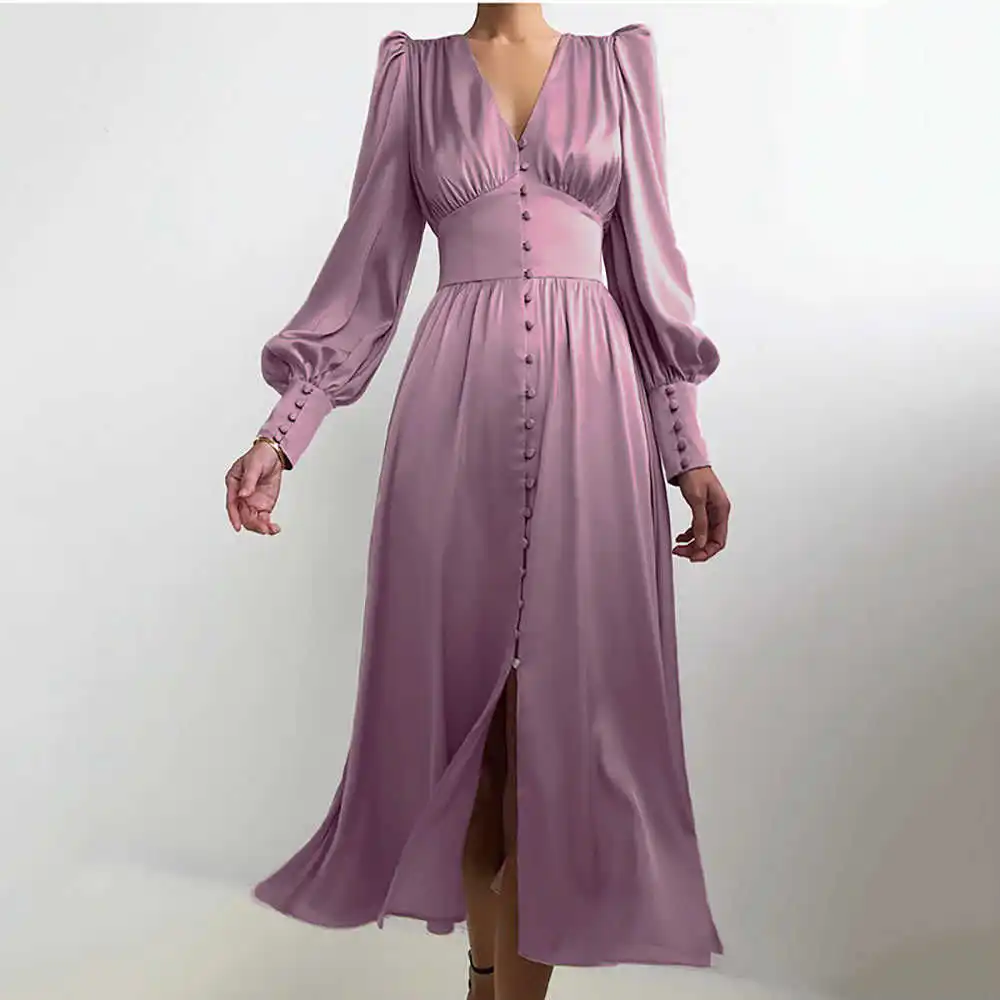 

New Elegant Satin Lartern Sleeve A-line Dress Women V-neck High Waist Button Dress Solid Vintage Long Dress Vestidos A263