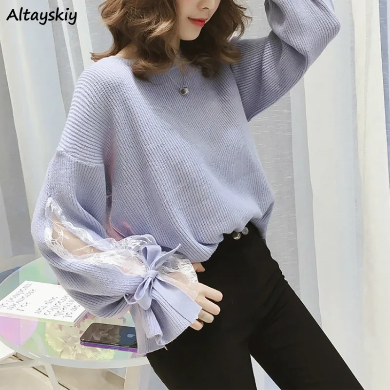 Свитера женские элегантные модные с рукавами-фонариками милый дизайн бантом