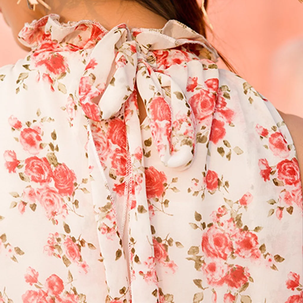 Летнее пляжное макси платье с высоким воротом шифоновое цветочным принтом