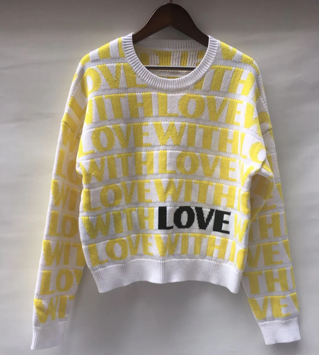 2019 Winter Christmas Yellow Letter Striped Women Sweater and Pullovers Runway Long Sleeve Female Jumper Knitted Clothes | Женская