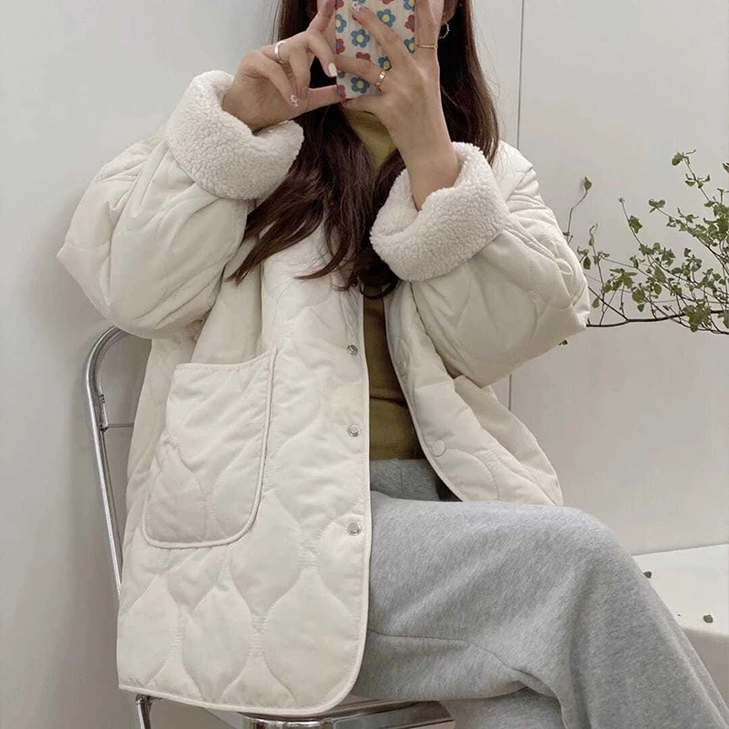 Rimocy Winter Warm Lambwool Jackets Women Fashion Collarless Big Pockets Loose Parkas Woman Metal Button Plush Coats Ladies 2021 | Женская