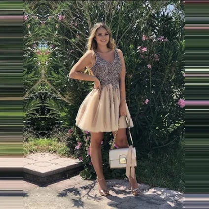 Короткие платья цвета шампанского для встречи выпускников блестки v-образный