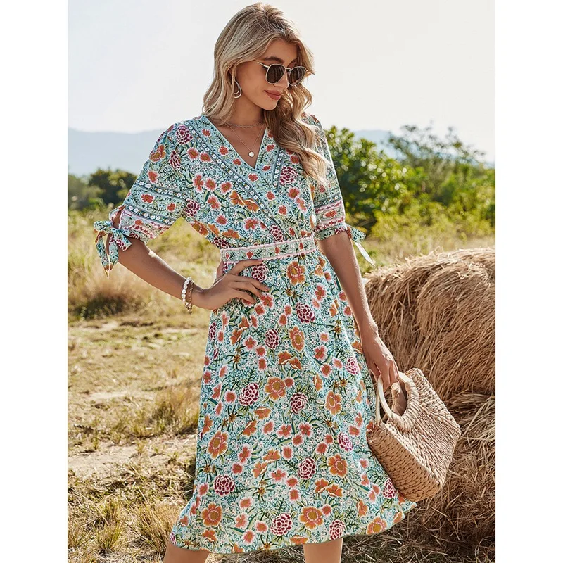 

Beach Style A-Line Floral Bow Bandage Dress Women Casual V-Neck Knee-Length Boho Elegant Half Sleeve Dress