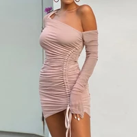 women spring autumn pleated party night dress long sleeve off shoulder bodycon see through mini dress 2021 female streetwear