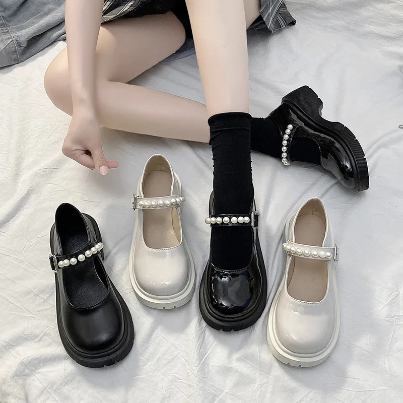 Mary Jane Shoes Women's 2021 Spring and Summer New Round Toe Small Leather Shoes Women's Shoes Pearl Shallow Shoes